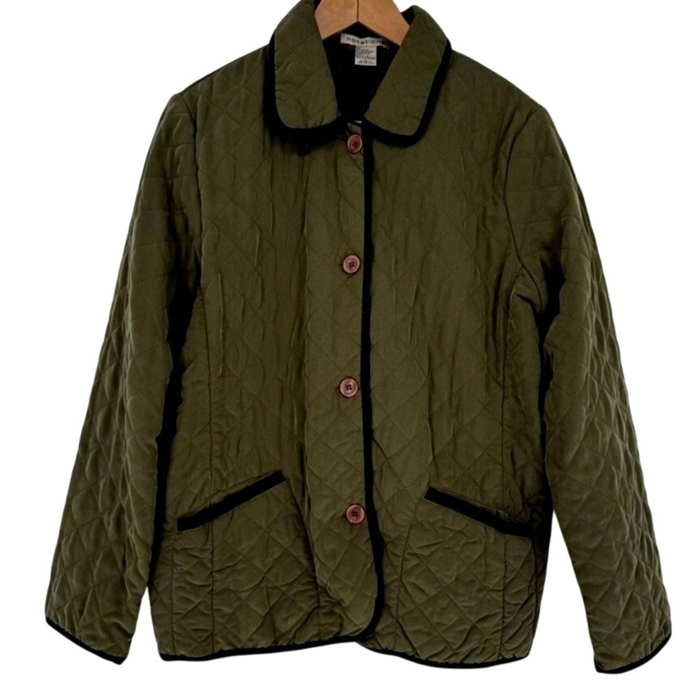 Notations Womens Olive Green Quilted Barn Jacket Peter Pan Collar Equestrian L
